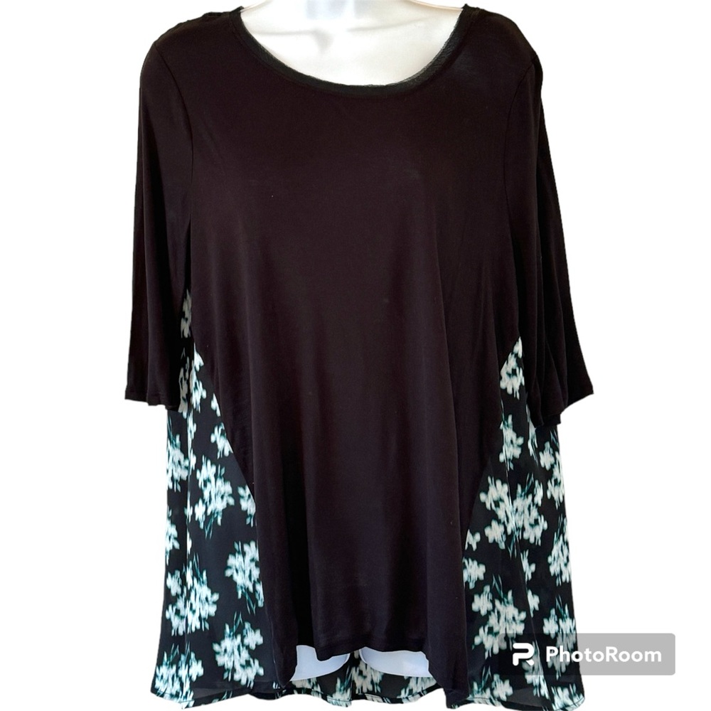 Simply Vera 3/4 Sleeve Hi Lo Top Floral Chiffon Back Black Size Large